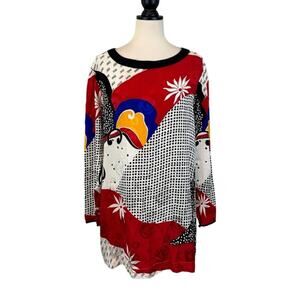 Vintage 80s Silk Abstract Modernist Blouse John Yang Size 14 Tunic Length